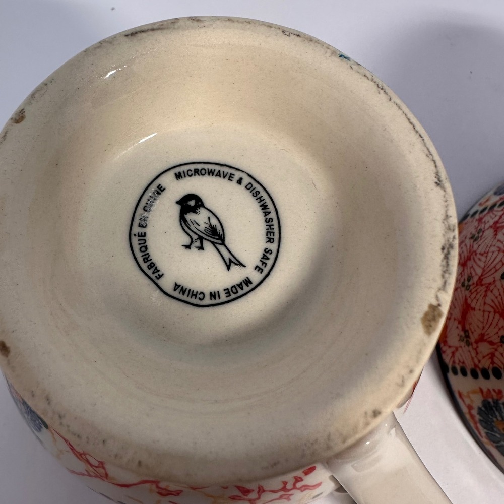 Anthropologie Bird Logo Footed‎ Mugs Set of 2 Multicolor Folk Art Ceramic Cups - Picture 6 of 6